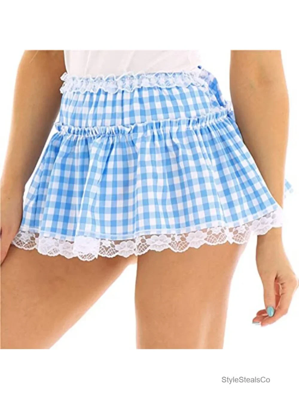 KKmeter Men's Pleated A-Line Mini Skirt Lace Hem Openwork Gingham